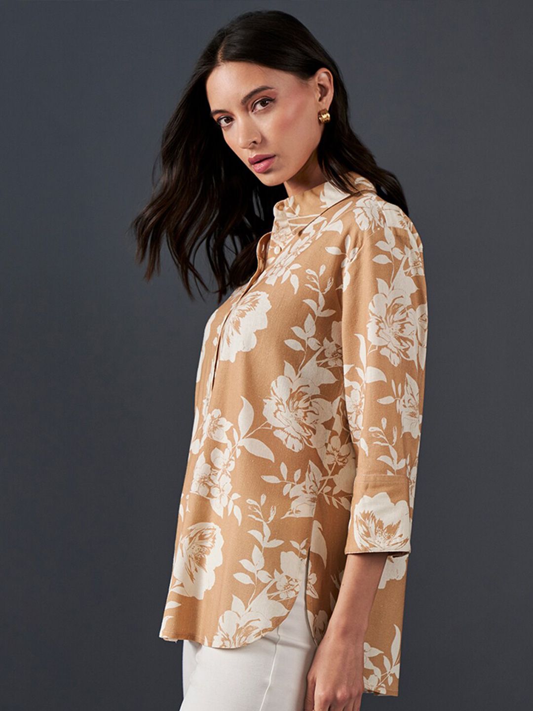 AND Floral Printed Shirt Collar Style Top