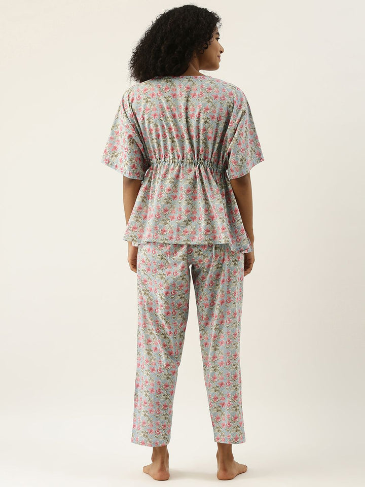 Sanskrutihomes Wanita Set Pajama Kapas Biru & Pink Printed