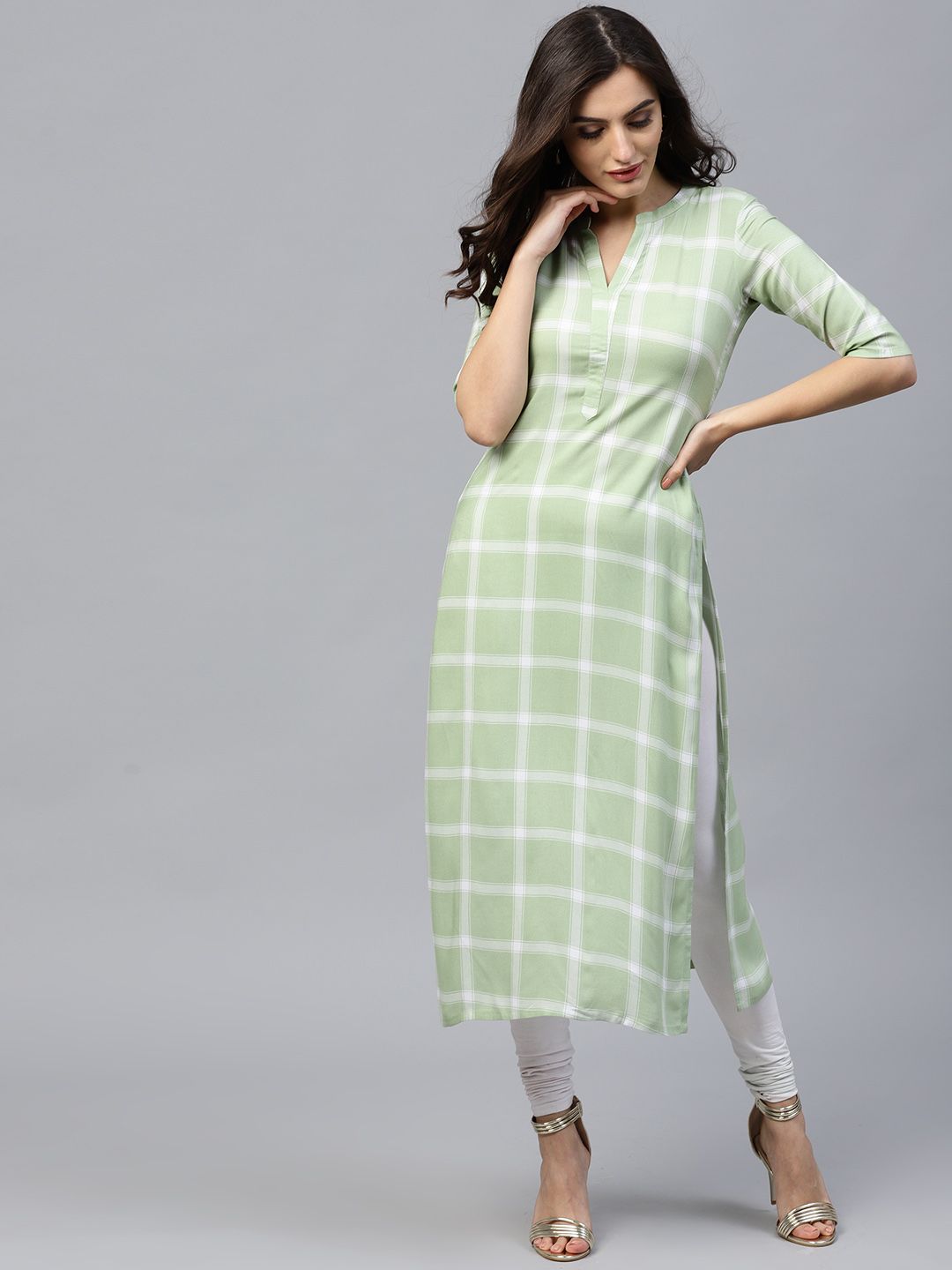 Gerua By Libas Women Green  White Checked Straight Kurta