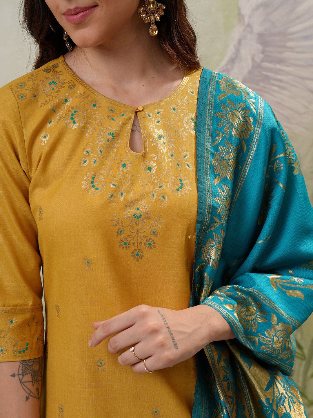 Vishudh Yellow Floral Printed Regular Kurta with Palazzo & Dupatta