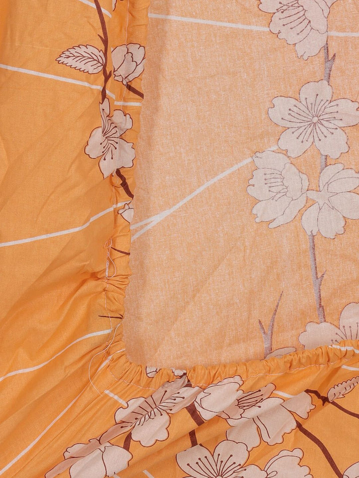 KLOTTHE Orange & White Floral-Printed 130GSM Pure-Cotton Fitted Double King Bedsheet Set