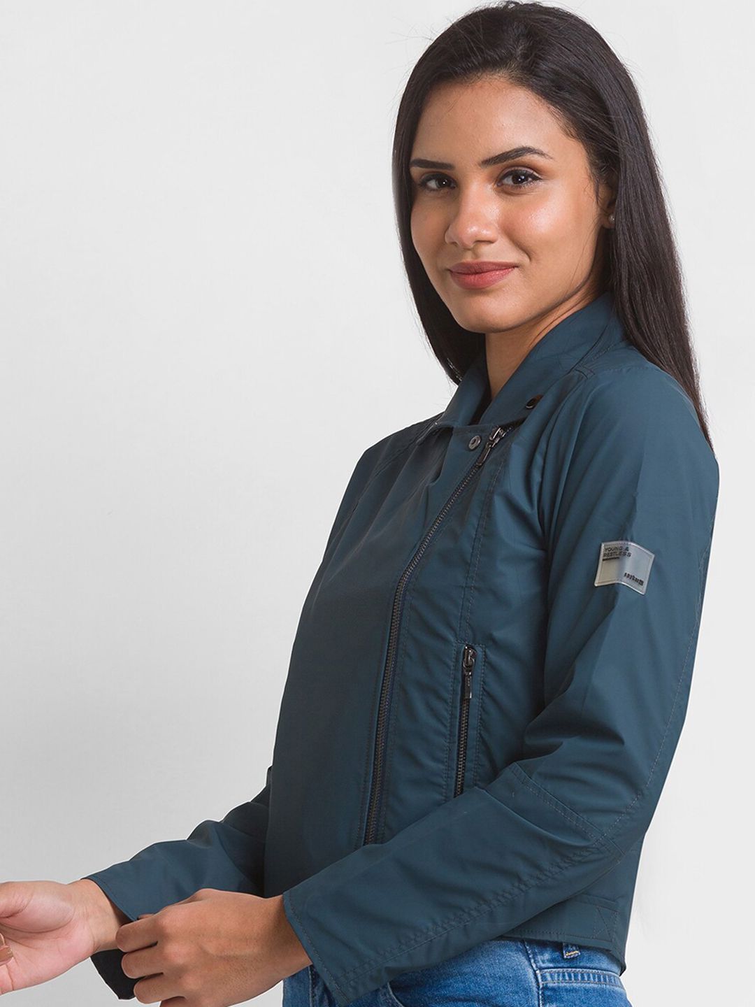 SPYKAR Women Teal Blue Crop Tailored Jacket