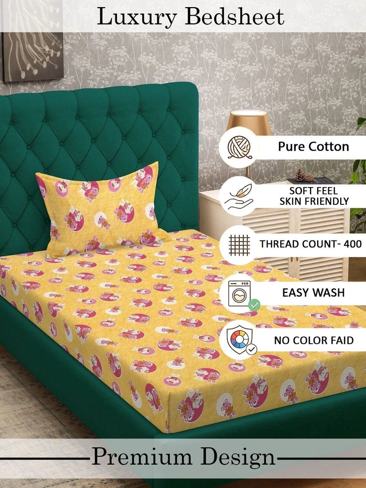Myntra Elegant Homes Yellow & Pink Printed 400 TC Single Bedsheet & Pillow Cover-2.25x1.5m