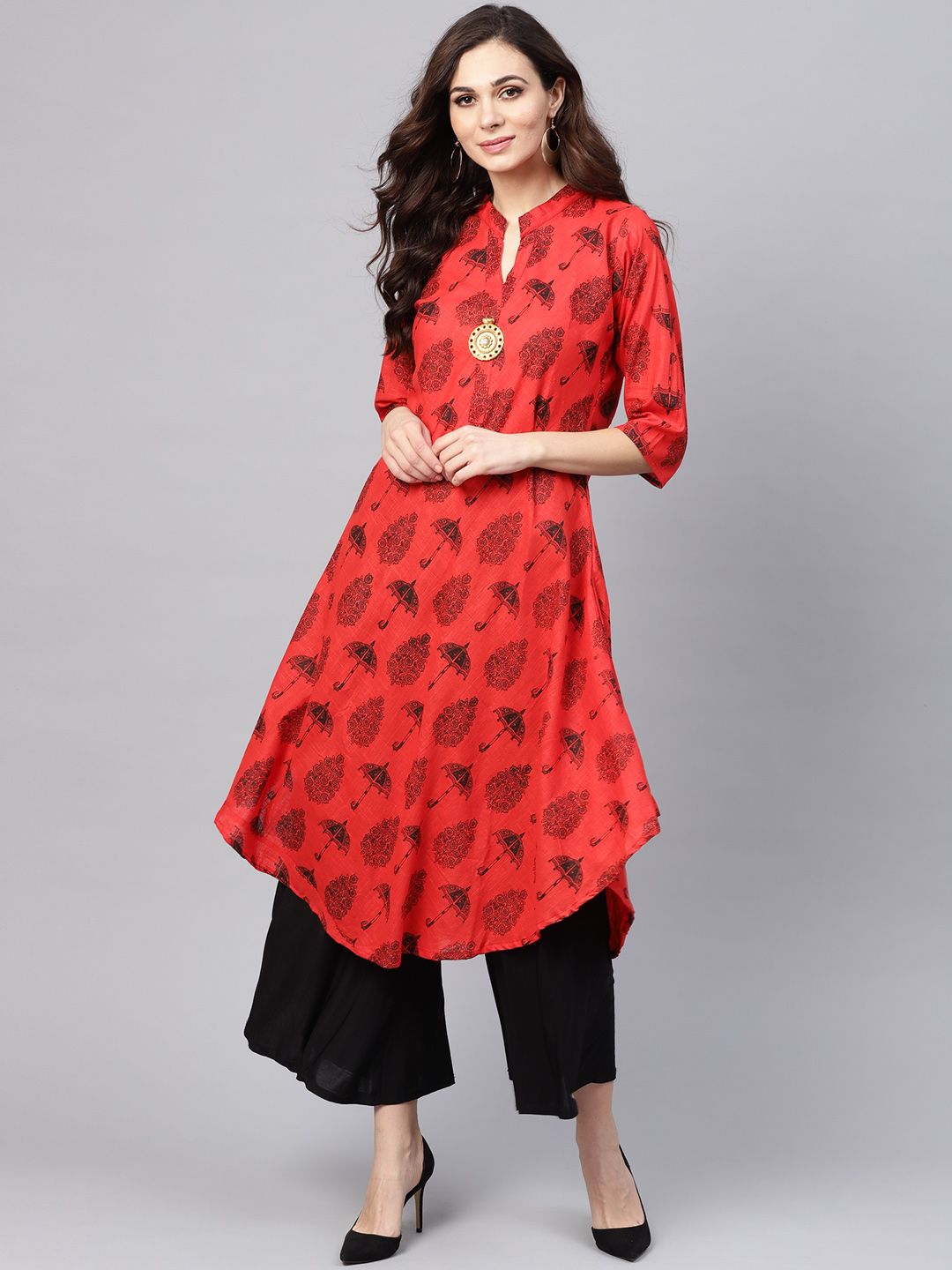 SOJANYA Kurta Bercetak A-Line Wanita Merah & Hitam