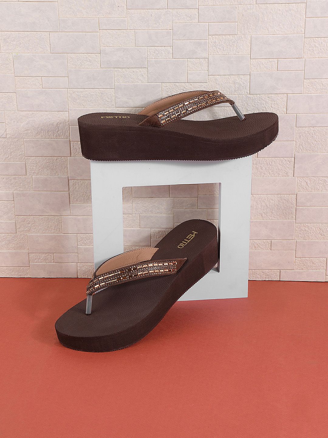 Metro Women Brown Embellished Wedges