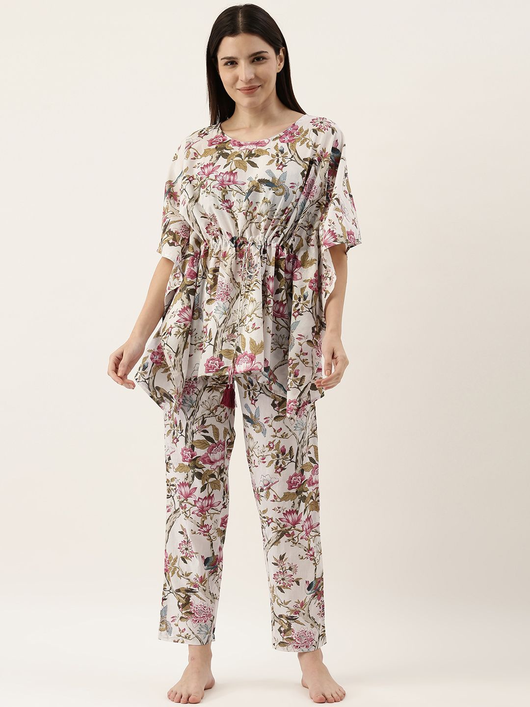 SANSKRUTIHOMES Women White & Pink Printed Night suit