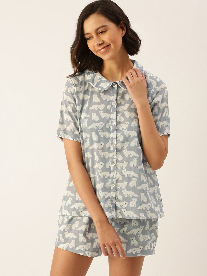 SANSKRUTIHOMES Women Grey & Off White Pure Cotton Printed Shorts Set