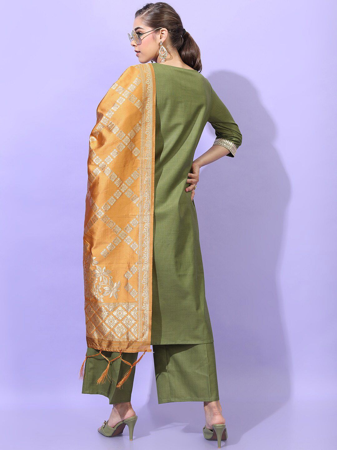 Vishudh Women Green Panelled Kurta with Trousers & With Dupatta