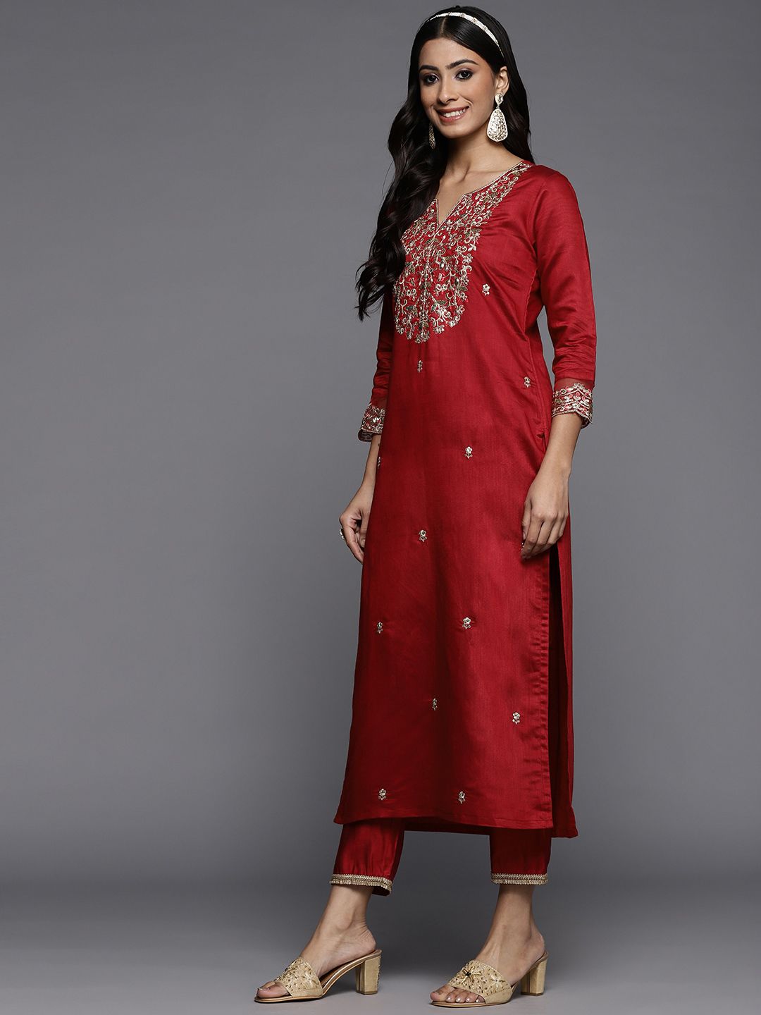 Indo Era Women Red Ethnic Motifs Embroidered Sequinned Liva Kurta with Trousers & Dupatta