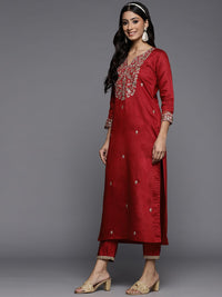 Indo Era Women Red Ethnic Motifs Embroidered Sequinned Liva Kurta with Trousers & Dupatta