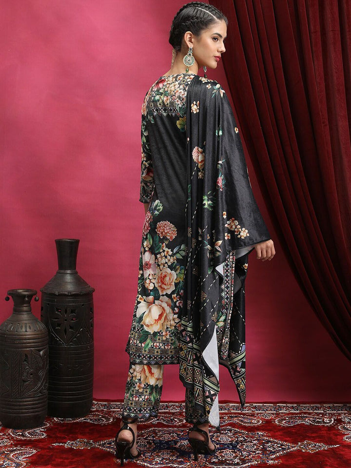 Vishudh Black Floral Printed Regular Kurta With Trousers & Dupatta