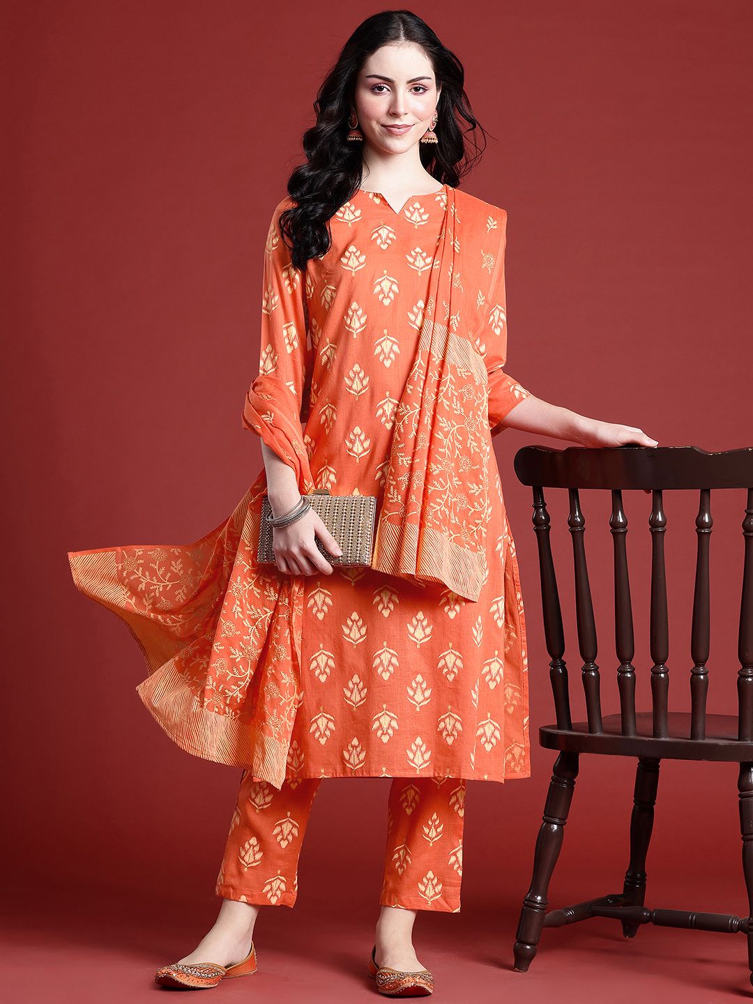 Anouk Ethnic Motifs Printed Regular Pure Cotton Kurta with Trousers & With Dupatta