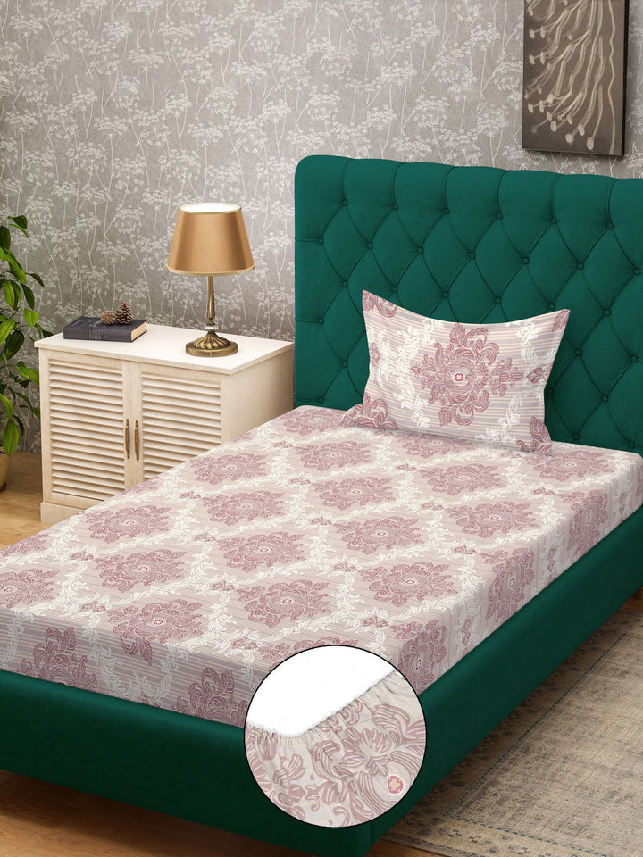 KLOTTHE Beige Ethnic Motifs Cotton 300 TC Fitted Single Fine Bedsheet with a Pillow Cover-89 x 59 inches