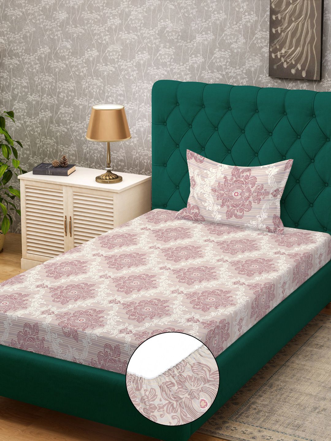 KLOTTHE Beige Ethnic Motifs Cotton 300 TC Fitted Single Fine Bedsheet with a Pillow Cover-89 x 59 inches