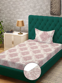 KLOTTHE Beige Ethnic Motifs Cotton 300 TC Fitted Single Fine Bedsheet with a Pillow Cover-89 x 59 inches