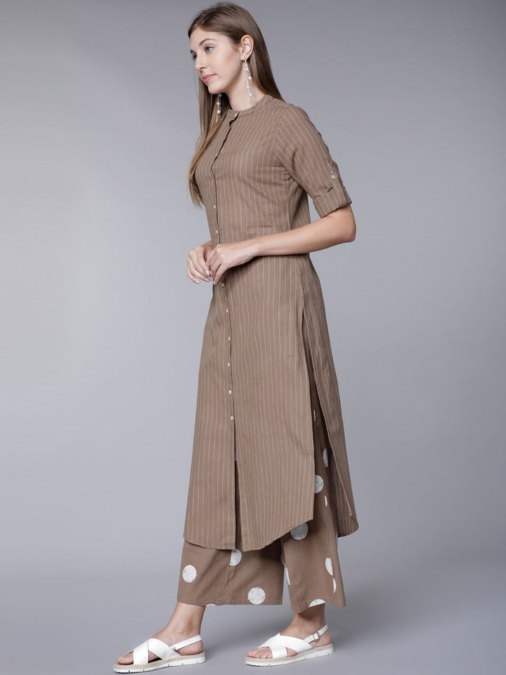Vishudh Women Brown Striped Kurta with Palazzos