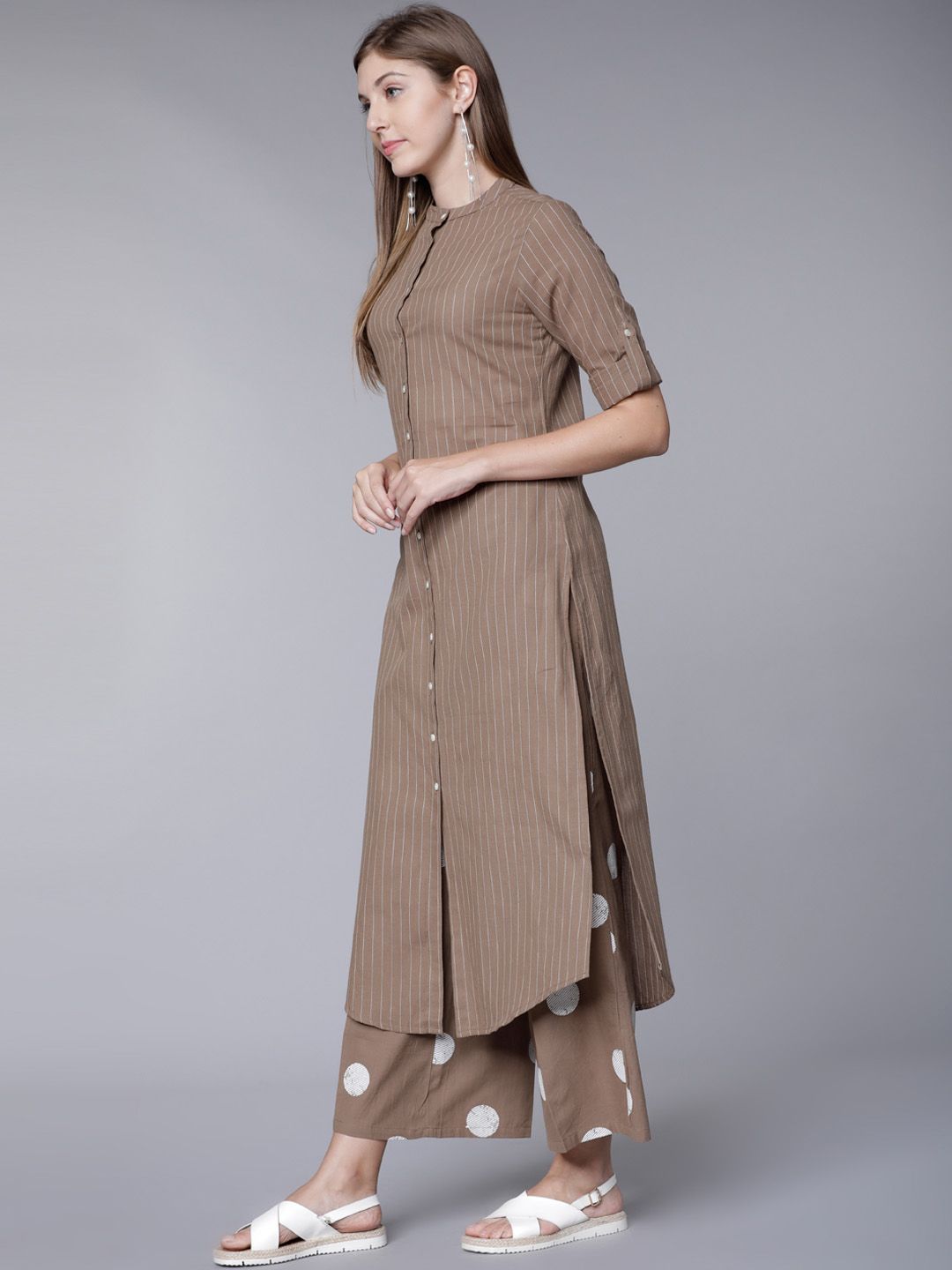 Vishudh Women Brown Striped Kurta with Palazzos