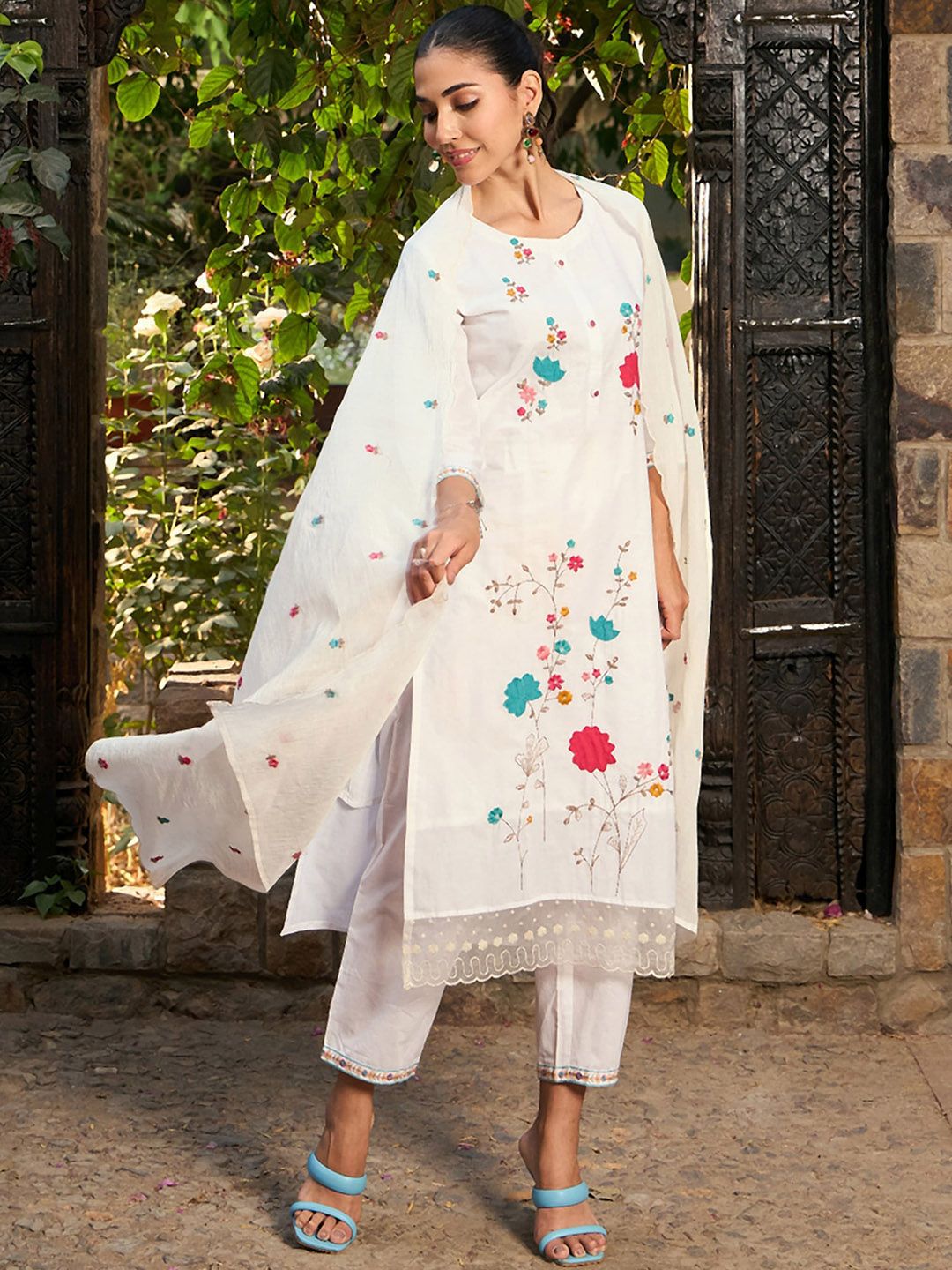 Indo Era Floral Embroidered Pure Cotton Straight Kurta With Trousers & Dupatta