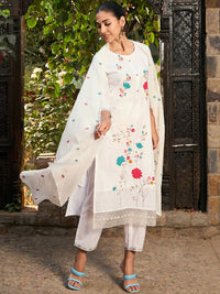 Indo Era Floral Embroidered Pure Cotton Straight Kurta With Trousers & Dupatta