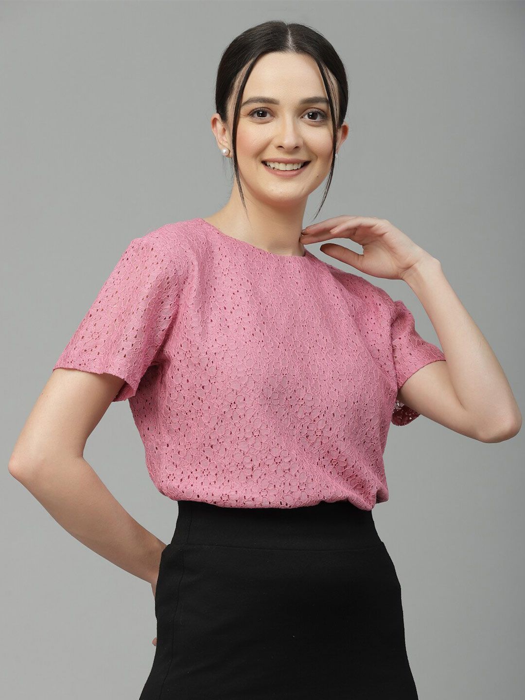 Style Quotient Self Design Round Neck Lace Cotton Top
