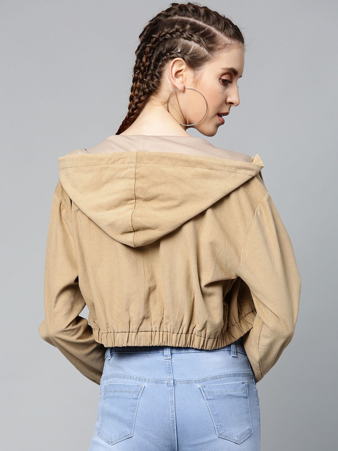 SASSAFRAS Women Beige Solid Corduroy Cropped Bomber Jacket