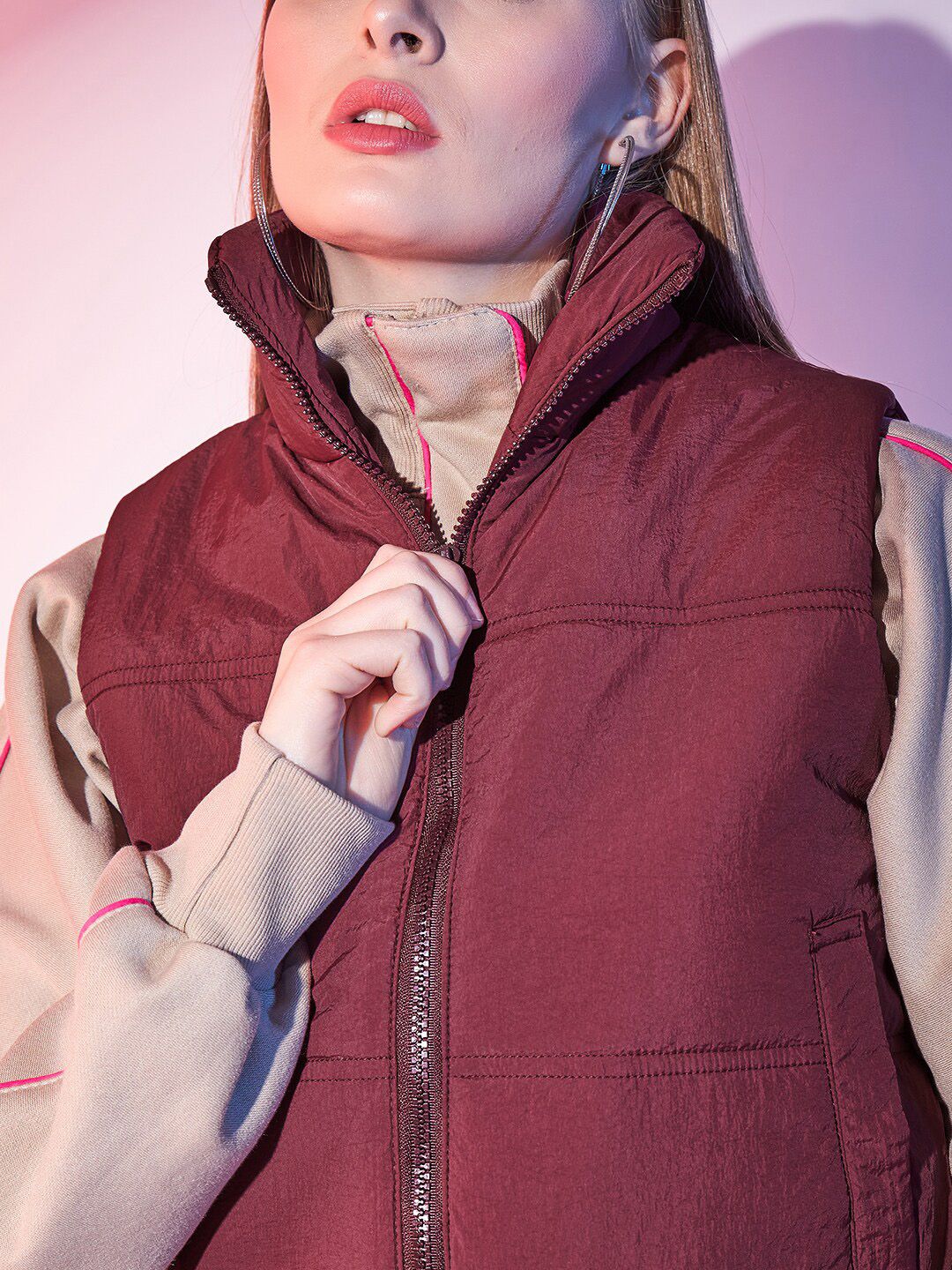 STREET 9 Maroon Stand Collar Lightweight Sleeveless Crop Puffer Jacket
