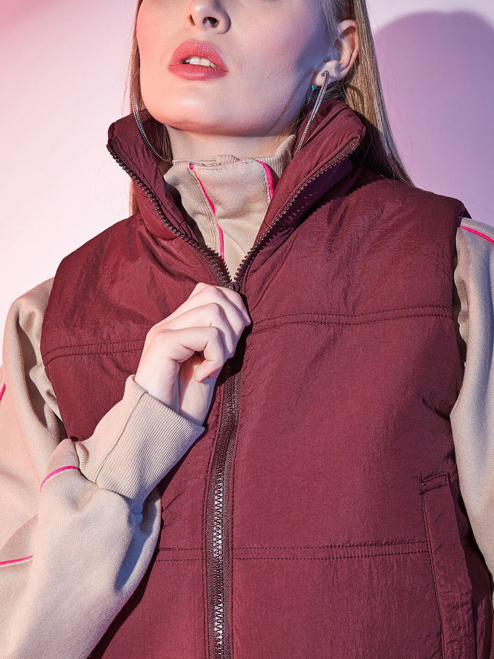 STREET 9 Maroon Stand Collar Lightweight Sleeveless Crop Puffer Jacket