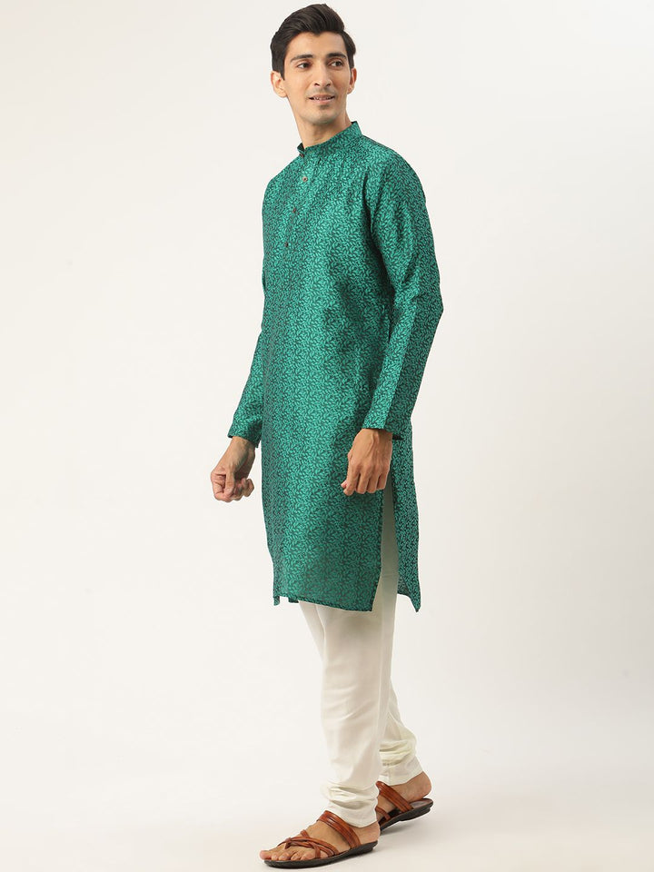 SOJANYA Men Green & Teal Blue Woven Design Kurta with Churidar & Nehru Jacket
