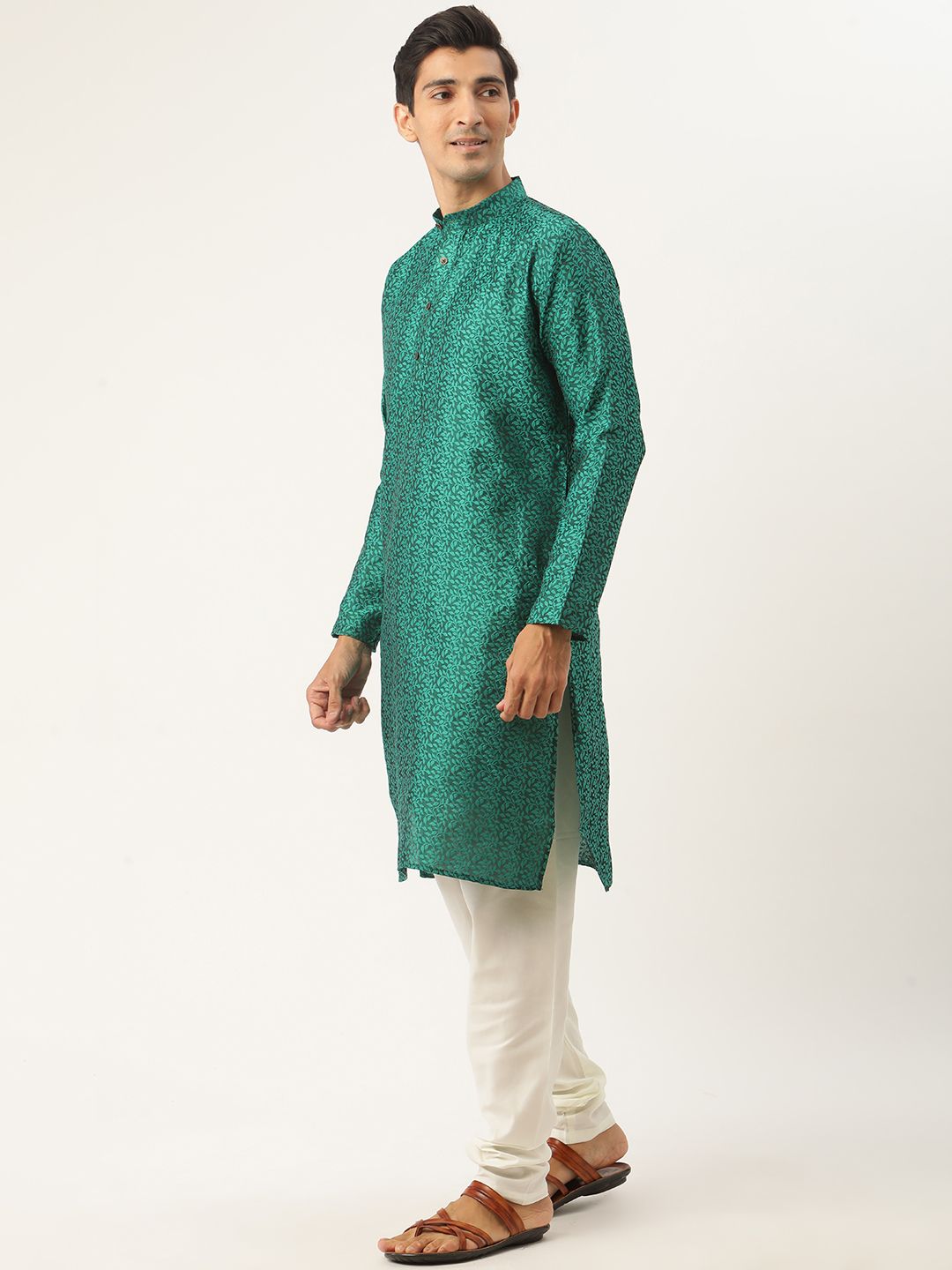 SOJANYA Men Green & Teal Blue Woven Design Kurta with Churidar & Nehru Jacket