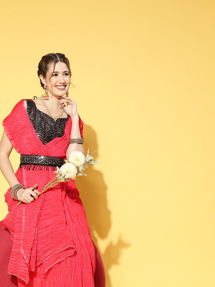 Saree mall Magenta & Black Solid Party Saree with Matching Blouse