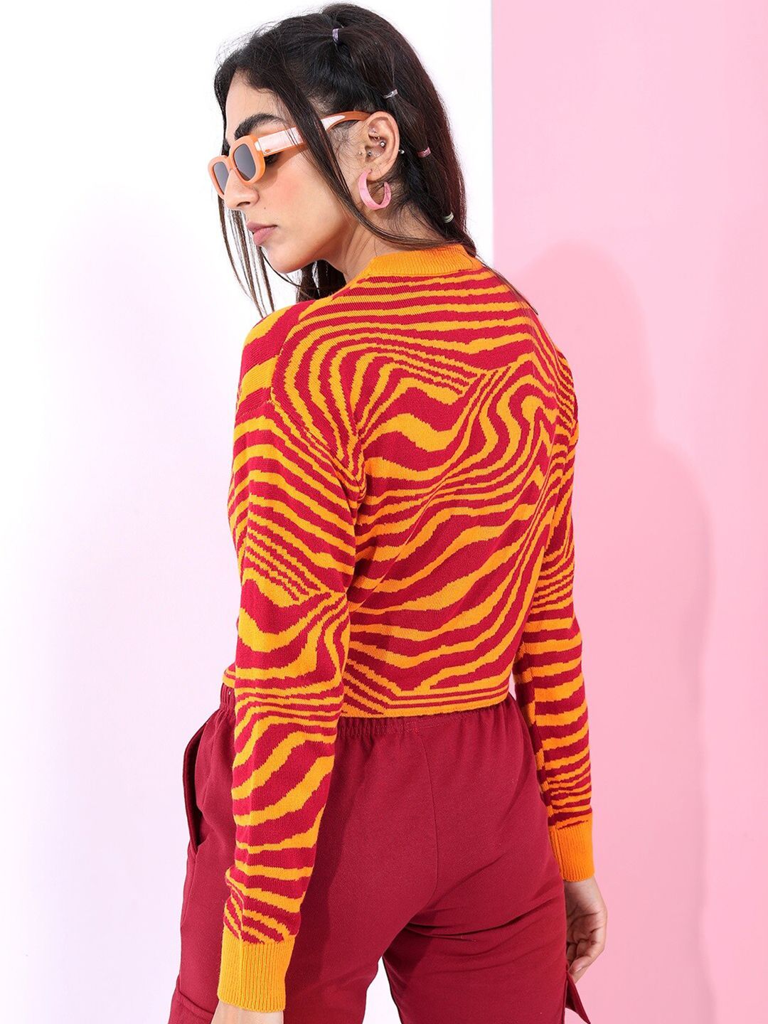 Tokyo Talkies Women Orange & Red Jacquard Pullover Sweater