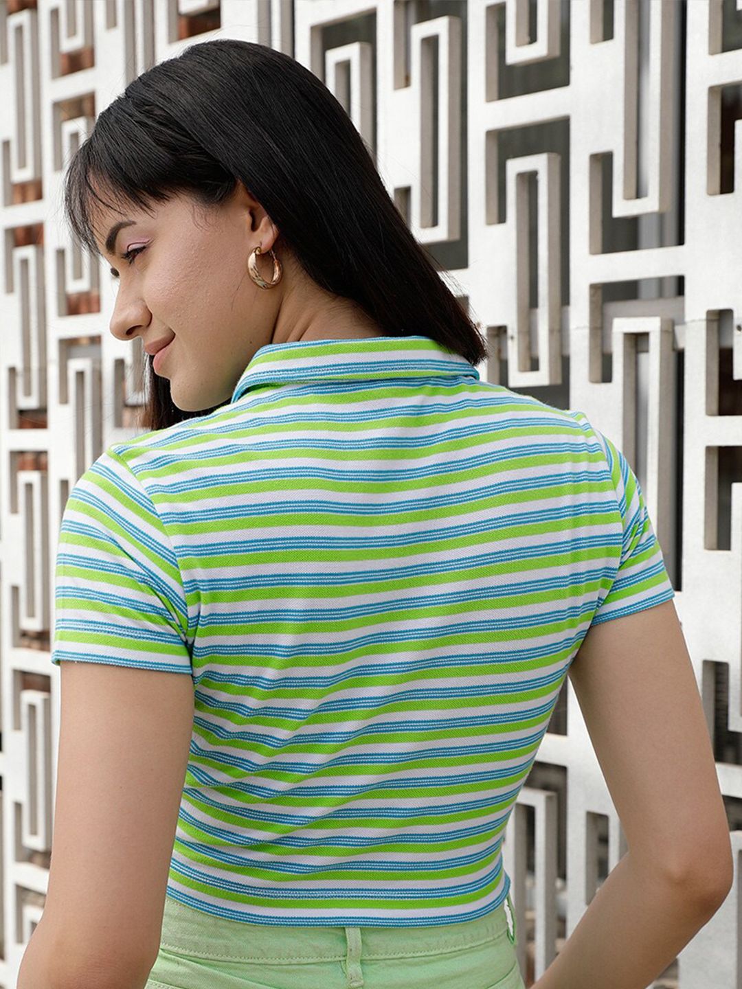 STREET 9 Green & White Striped Polo Collar Crop Pure Cotton T-shirt