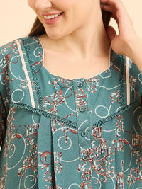 Sweet Dreams Green Pure Cotton Printed Maxi Nightdress