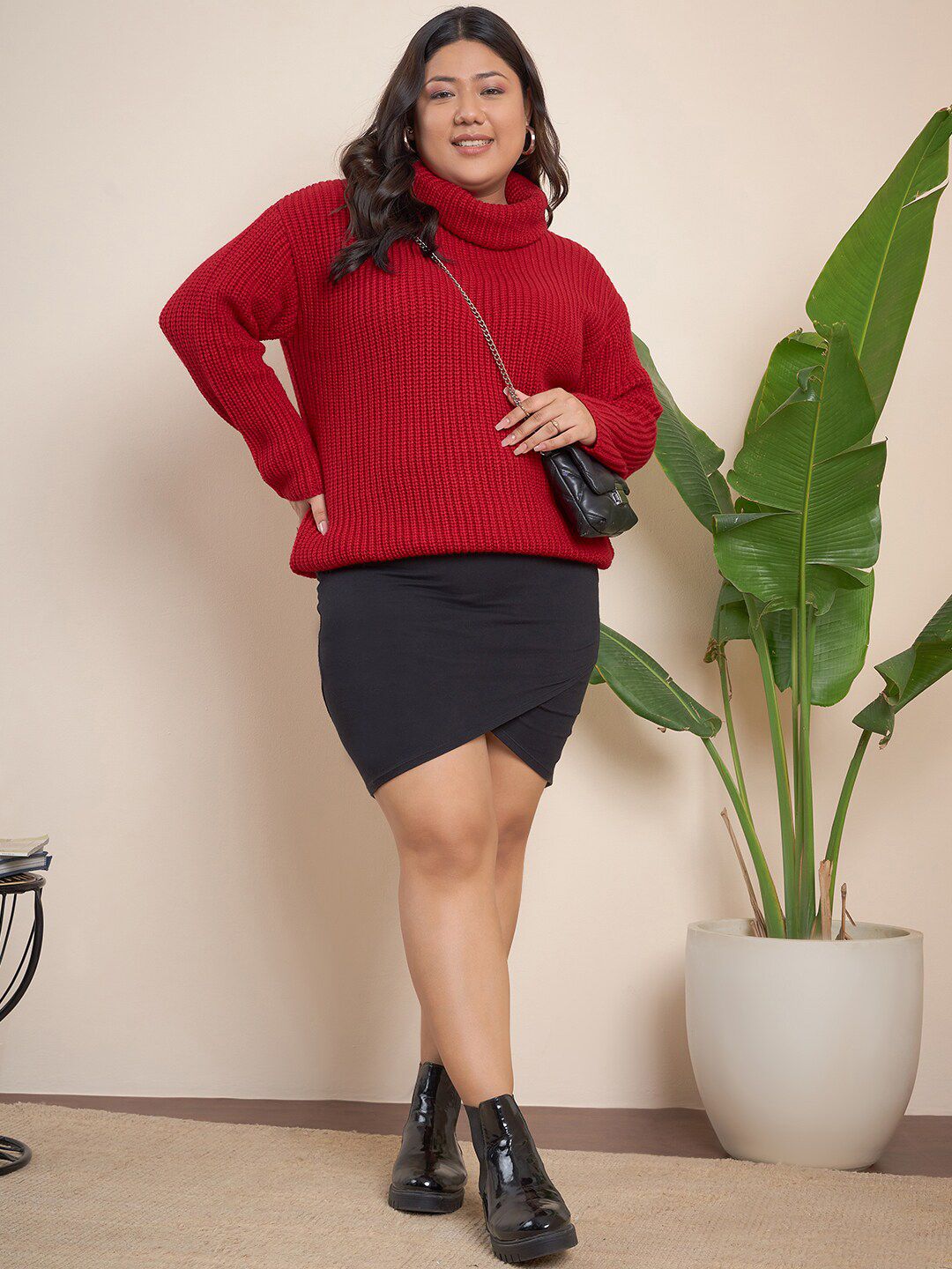 CURVY STREET Plus Size Ribbed Turtle Neck Pure Acrylic Pullover