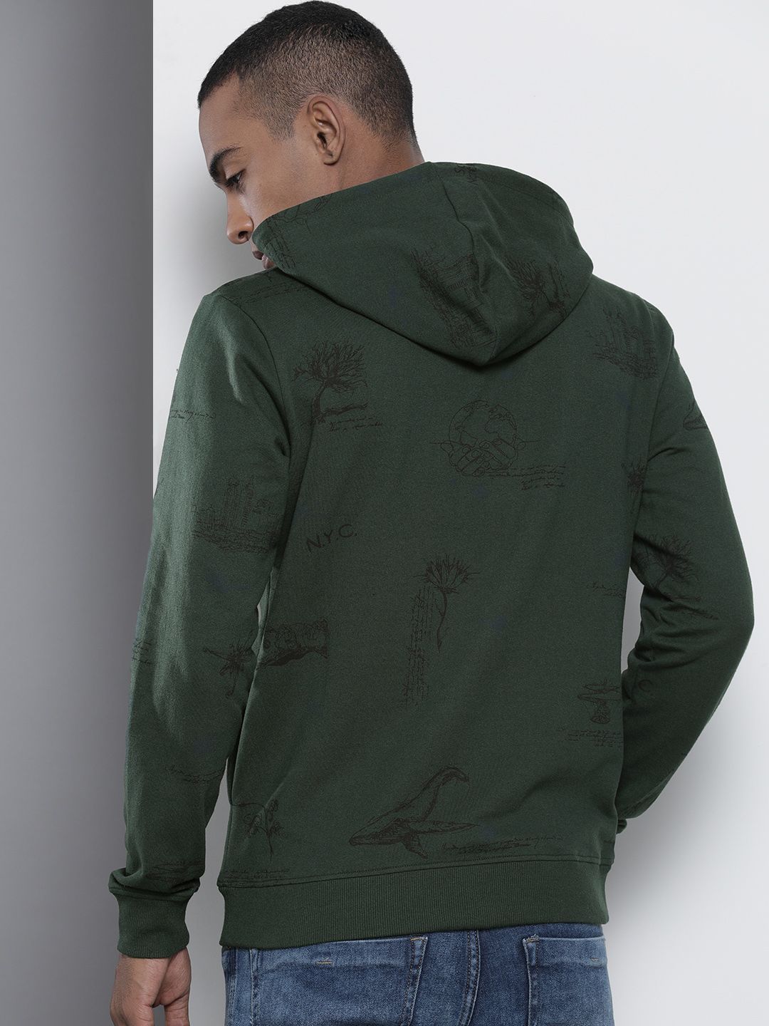 The Indian Garage Co Men Olive Green Printed Hooded Sweatshirt