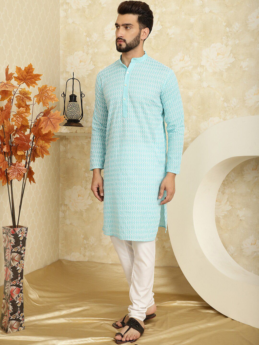 SOJANYA Floral Embroidered Pure Cotton Kurta with Churidar