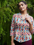 Athena Women Beige & Blue Print Top