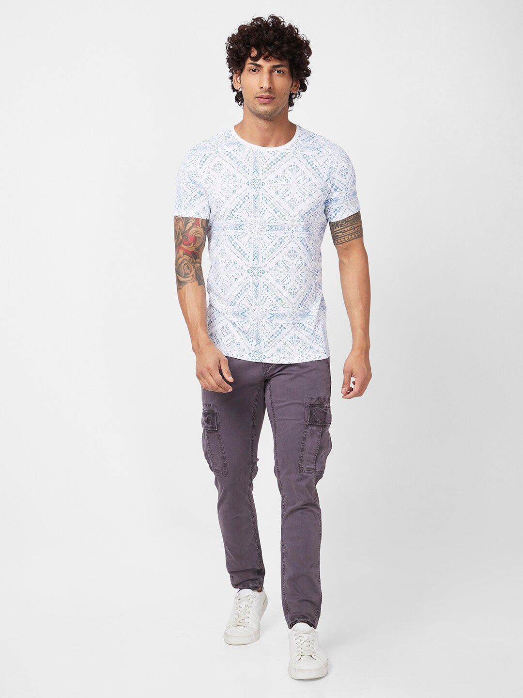 SPYKAR Geometric Printed Slim Fit Cotton T-Shirt