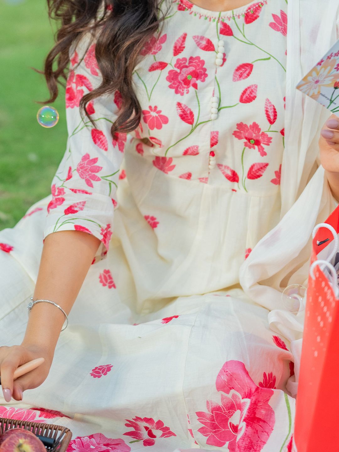 Indo Era Floral Printed Pure Cotton Anarkali Kurta With Trousers & Dupatta