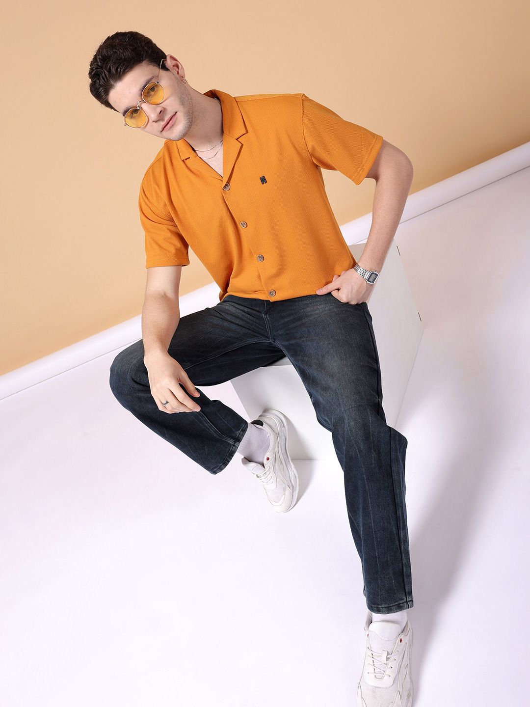 The Indian Garage Co Cuban Collar Self Design Oversized Casual Shirt