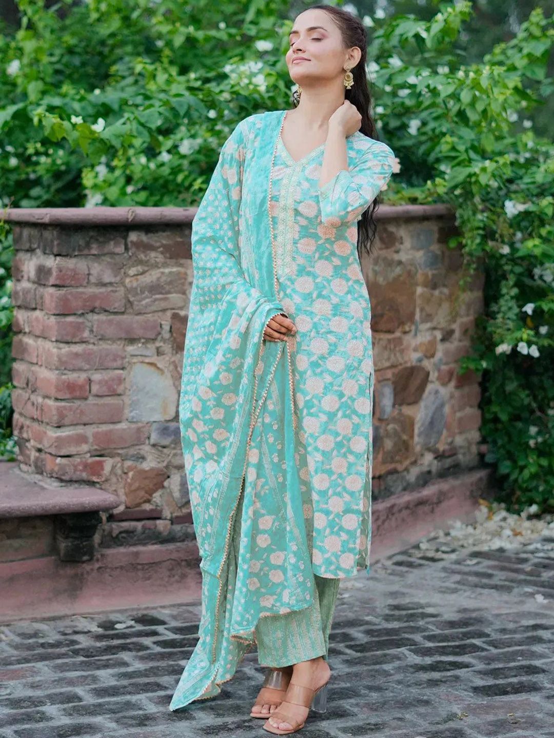 Libas Floral Printed V-Neck Thread Work Kurta With Trousers & Dupatta