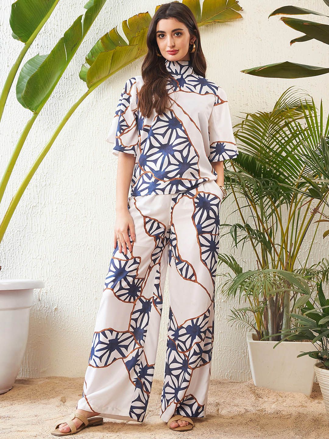 SASSAFRAS White Abstract Printed High Neck Top With Palazzos