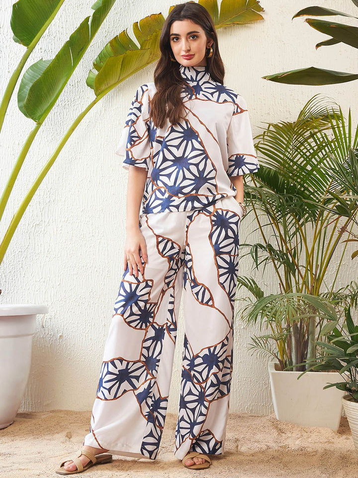 SASSAFRAS White Abstract Printed High Neck Top With Palazzos