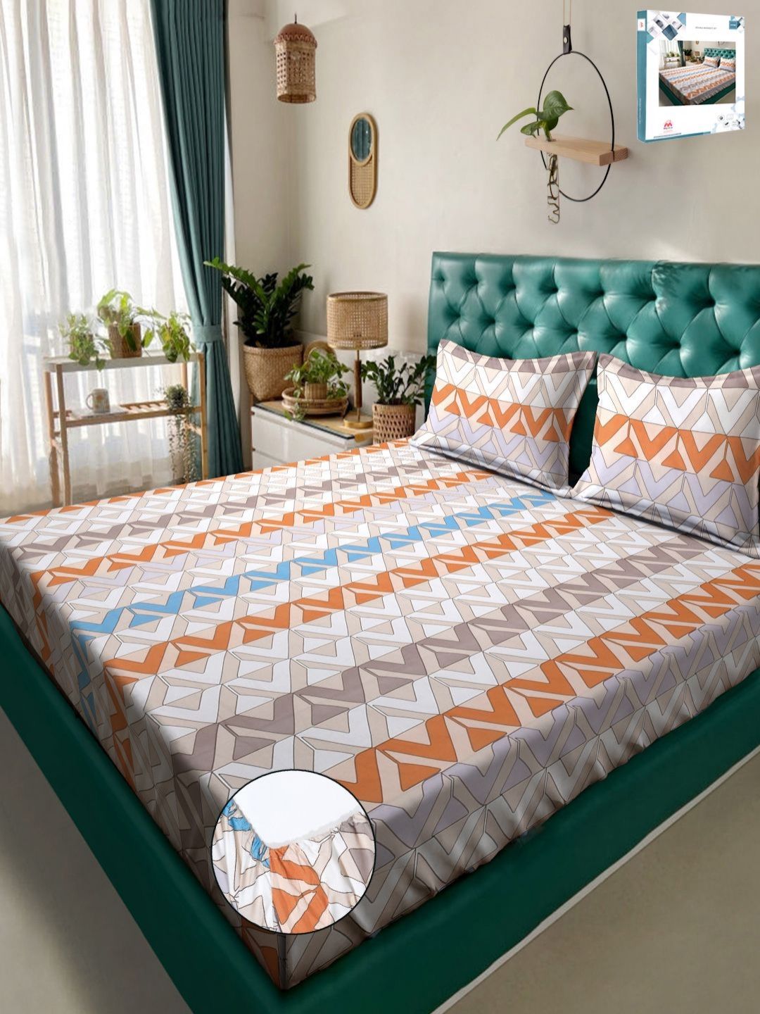 Myntra Elegant Homes Peach Geometric Cotton 300 TC Fitted King Cadar Halus dengan 2 Sarung Bantal-98 x 89 inci