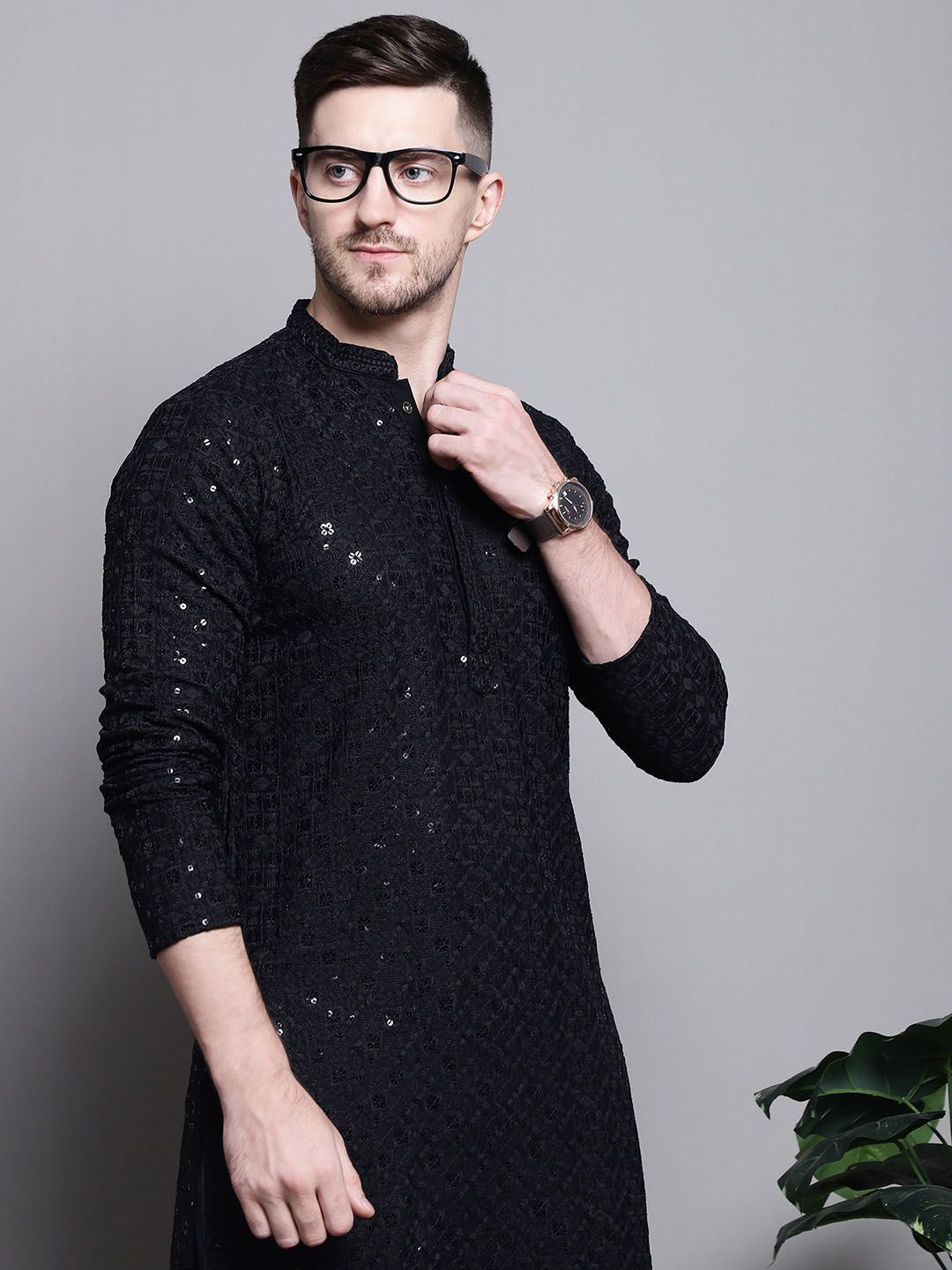 Jompers Geometric Self Design Sequinned Pure Cotton Kurta With Pyjamas