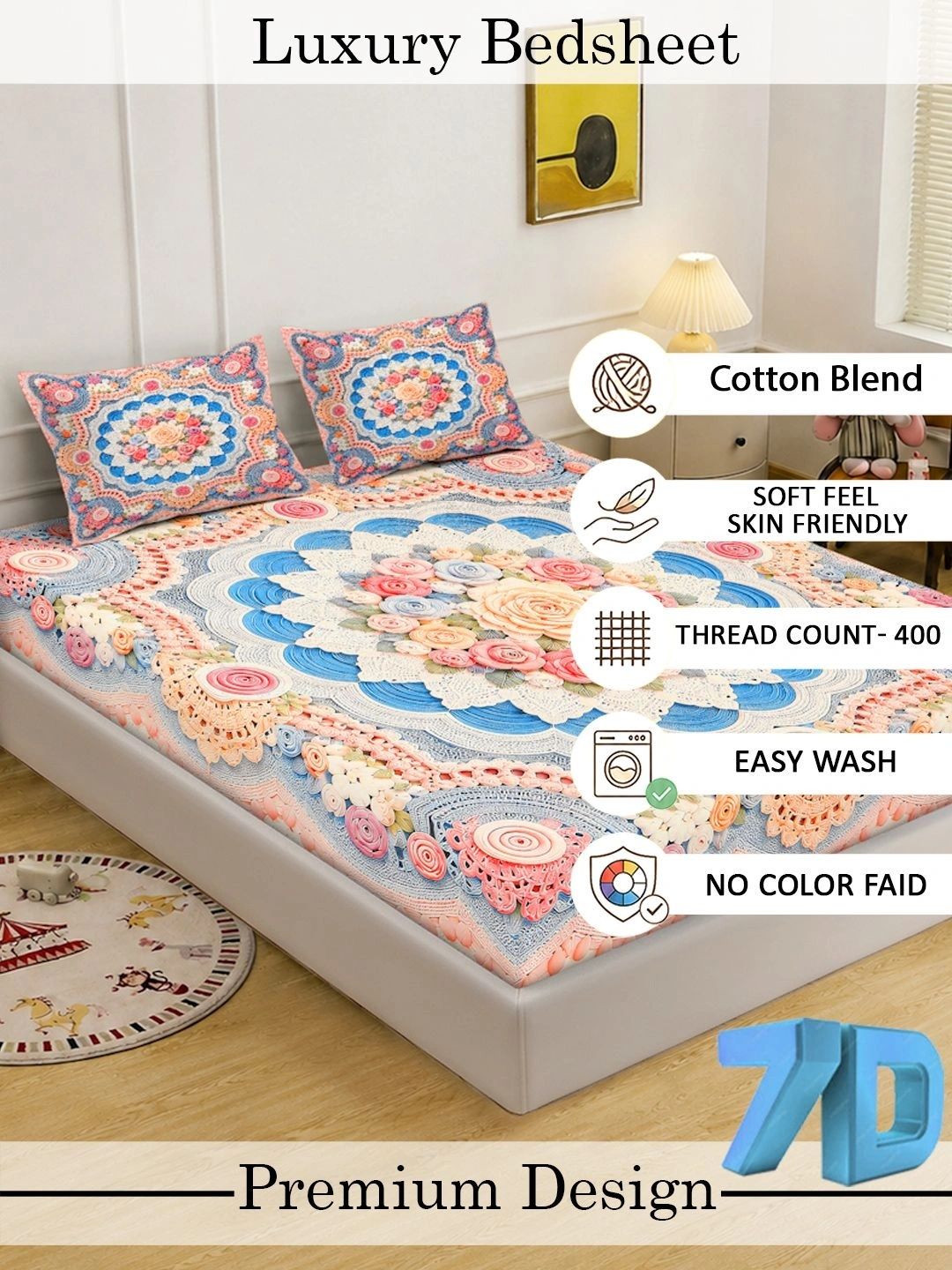 Myntra Elegant Homes Multicoloured Floral 400 TC King Bedsheet with 2 Pillow Covers
