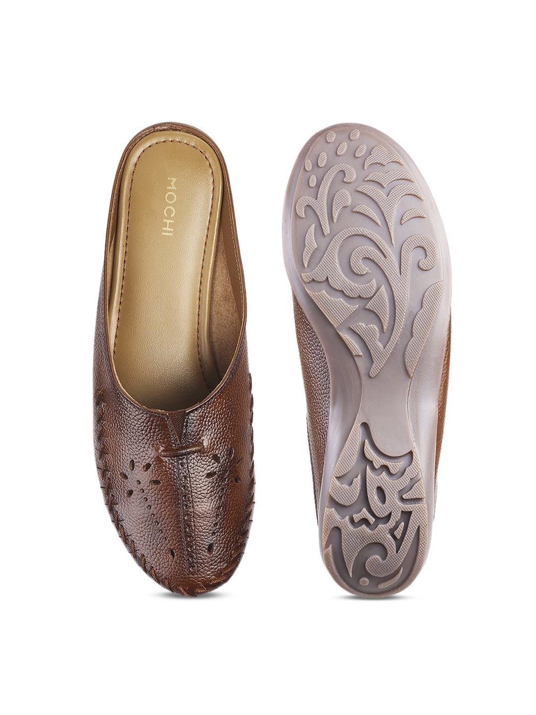 Mochi Women Tan Mules with Laser Cuts Flats