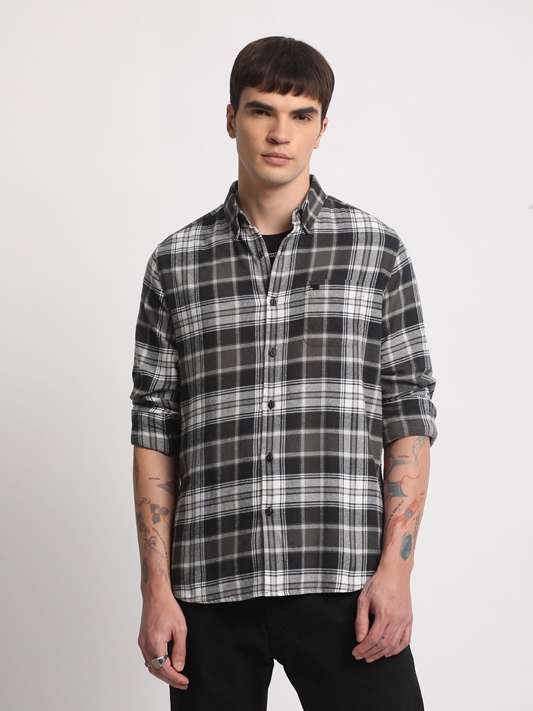 THE BEAR HOUSE Tartan Checked Slim Fit Flannel Pure Cotton Casual Shirt