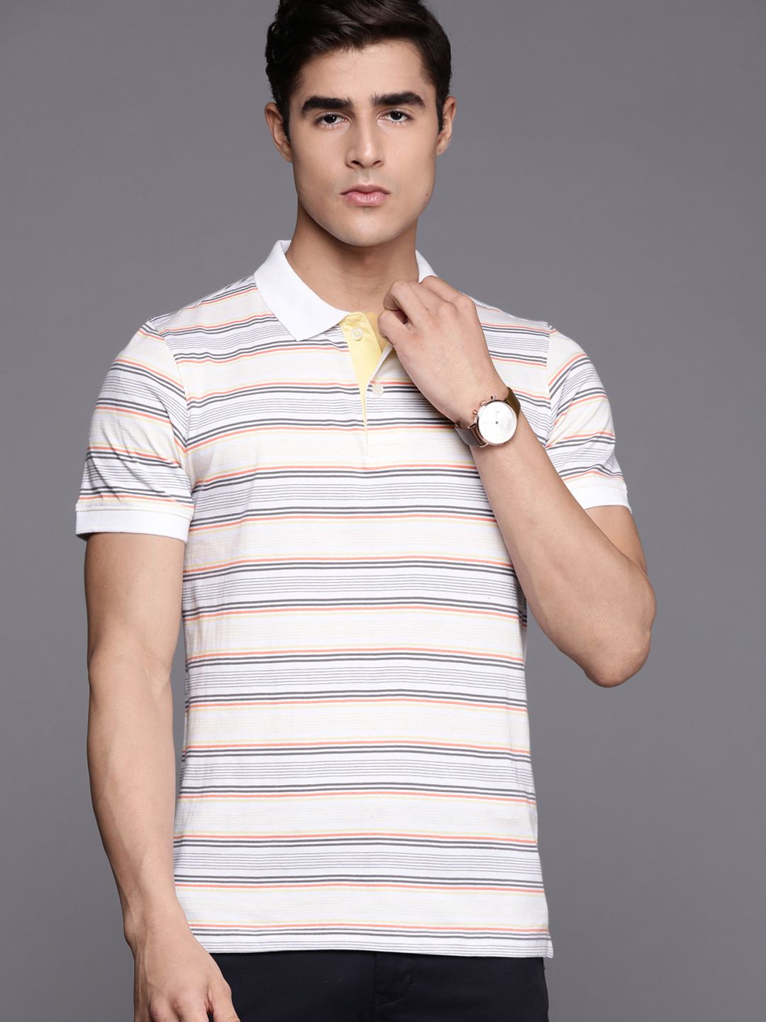 Raymond Men White & Yellow Striped Polo Collar Pure Cotton T-shirt