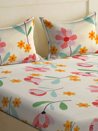KLOTTHE Cream Floral Printed 300 TC Fitted Double King Bedsheet With 2 Pillow Covers